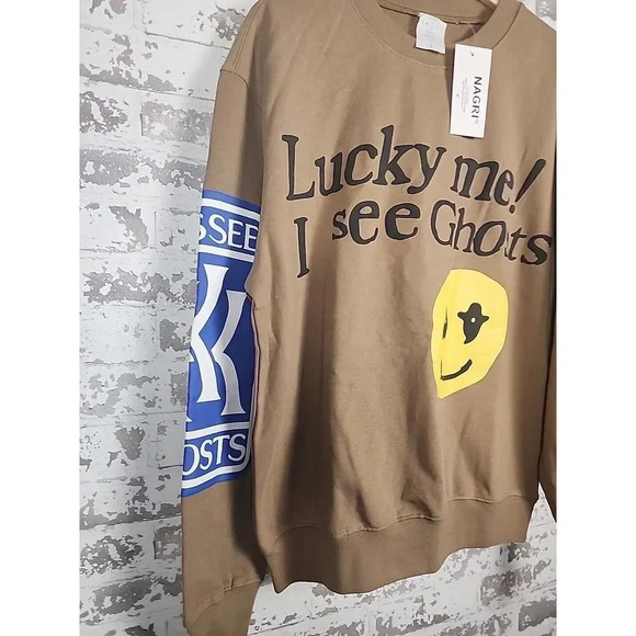 Lucky Me I See Ghosts Camp Flog Gnaw Kanye West Kid Cudi Tan Sweatshirt Size L - Picture 4 of 10